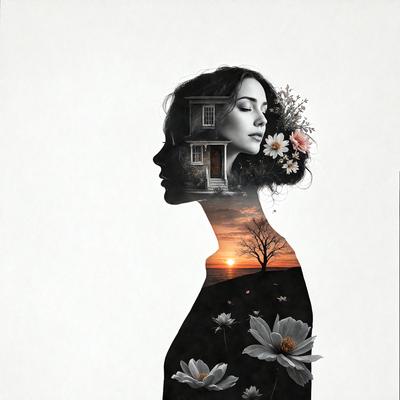 The primary subject of the image is a woman with a flower in her hair. She is wearing a black dress and is the central focus of the scene. The setting is a house, which serves as the backdrop for the image. The visual style is a combination of photo and digital art, creating a unique and artistic representation of the woman. The colors in the image are predominantly black and white, giving it a classic and timeless feel.